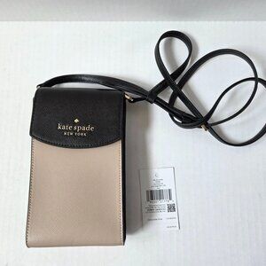 Kate Spade Staci North South Flap Phone Crossbody Beige Black Leather Travel Bag